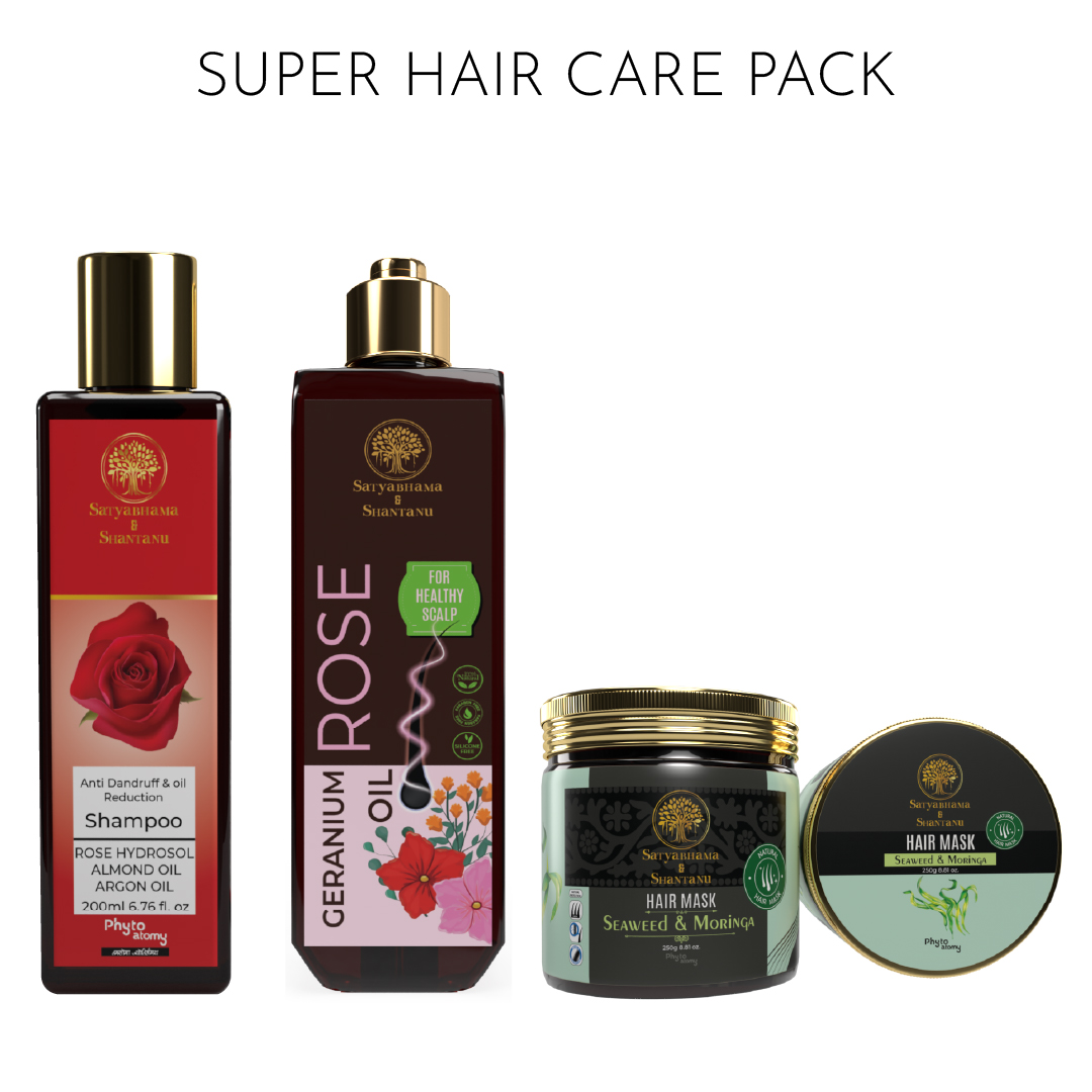 Rose Hydrosol Shampoo (200 ml) + Seaweed & Moringa Hair Mask (250 g) + Geranium Rose Hair Oil (200 ml)
